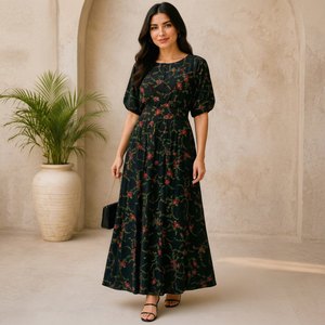 Floral Print Floor-Length Maxi <b>Dress</b> O-Neck Short Sleeve A-Line Loose Fit Boho Style Rayon Woven Eco-Friendly Breathable Casual - Product Image 1