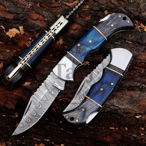 High Quality Industrial Grade Damascus Folding Knife <b>Fire</b> <b>Starter</b> Combo Set Wood Resin Handle Camping Hunting Pocket Knife - Product Image 1