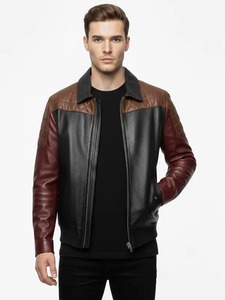 เสื้อแจ็คเก็ตหนังบอมเบอร์สีดำแบบคัลเลอร์บล็อกสำหรับผู้ชาย - Product Image 1