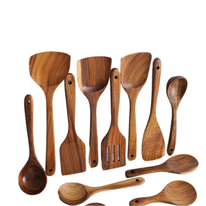 Ensemble d'ustensiles de cuisine en bois |   Cuillères, spatules, louches et spatules ajourées en bois naturel |   Ustensiles de cuisine antiadhésifs pour mélanger et frire - Product Image 2