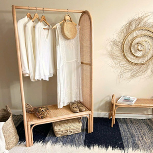 Rattan clothes rail with bottom <b>shelf</b> hand-made clothing rack rails sustainable cane cloth stand - Product Image 3