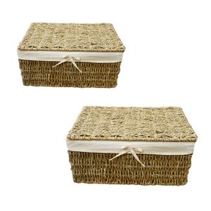 Wicker SEAGRASS STORAGE <b>BASKET</b> <b>with</b> <b>Lid</b> and Cotton Liner Decorative Storage <b>Basket</b> - Product Image 1