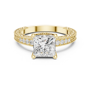 Bague de fiançailles vintage en or massif avec diamant taille coussin gravé motif floral - Product Image 2