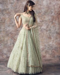 <b>Light</b> Green Embroidered Lehenga Set <b>Net</b> Unstitched Evening Dress Bollywood Wedding Outfit With Dupatta - Product Image 1