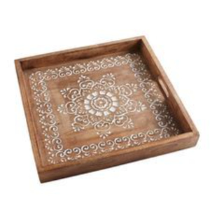 Plateau de service marocain en bois de manguier sculpté à la main avec motif mandala blanc, carré, rustique, décoration de table basse de style farmhouse - Product Image 1