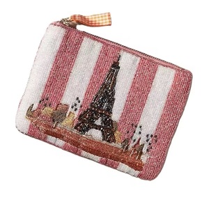 Beaded Cotton Coin <b>Purse</b> Blue White Stripes Embroidered Taxi Car Zipper Closure Mini Size Handmade Unisex Vintage Style CRYSTAL - Product Image 4