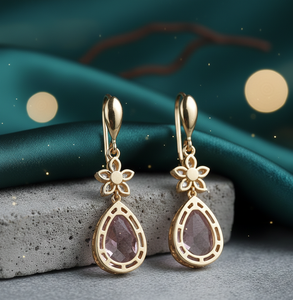 Boucles d'oreilles pendantes artisanales en pierre rose ovale, argent sterling 925 plaqué or 18 carats, bijoux pour fêtes et mariages, cadeau d'anniversaire - Product Image 6