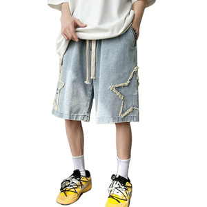 Nouveaux shorts en jean déchirés et écologiques pour hommes, motif étoile patchwork, taille mi-haute, décontractés, en coton, pour l'été - Product Image 1