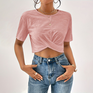 T-shirt court streetwear pour femme, vente en gros, décontracté, à manches courtes, coupe ajustée, en coton doux, mode été - Product Image 1