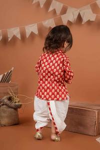 Kurta roja estampada de algodón con dhoti para niños-T-Red kurta roja - Product Image 3