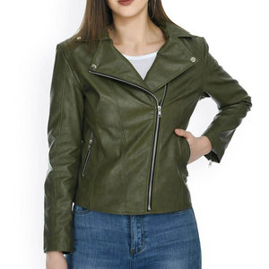 Veste en cuir PU vert olive pour femme, style moto, manches longues, fermeture éclair, col rabattu, style automne - Product Image 2