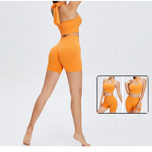 Conjunto de Yoga de Dos Piezas a Cuadros, Shorts de Cintura Alta, Top Halter sin Tirantes, Fruncido, Transpirable, Spandex/Nylon, Elástico en Cuatro Direcciones - Product Image 5