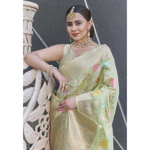 Sari de organza verde pastel con tejido Zari de Elite Weaves, elegante vestido de noche, 0.6g - Product Image 2