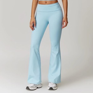 Pantalon long évasé taille haute pour femme, extensible, à effet froncé, couleur unie, pour le fitness, vente en gros - Product Image 1