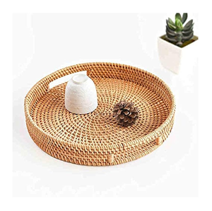 Made From Natural Rattan Home Decorative Round Tray For Home & Hotel Tabletop Organizer <b>Snacks</b> & Dessert Serving Tray - Product Image 1