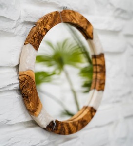 Olive Wood & Resin <b>Round</b> Handmade Contemporary <b>Wall</b> <b>Mirror</b> with Smooth Edge for Wedding and Diwali-REHMAN CRAFT - Product Image 3