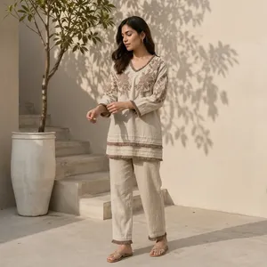 <b>Women</b> Cotton <b>Linen</b> Embroidered Kurta Pant <b>Set</b> Beige Floral V Neck Three Quarter Sleeve Ethnic Casual Wear Comfortable Outfit - Product Image 5