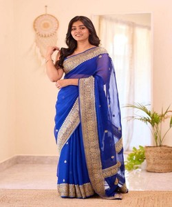 Sari de Seda Azul Rey con Borde Dorado, Traje Tradicional Indio para Bodas, Estilo Banarasi, Largo hasta el Suelo, para Mujer - Product Image 1