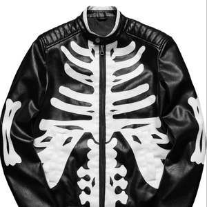 Skeleton Biker Solid Casual Spring Leather Jacket Zipper Stand Collar Waterproof Breathable Windproof Eco-Friendly Quick Jacket - Product Image 1