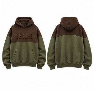 Sweat-shirt à capuche décontracté surdimensionné pour homme, marron olive, avec blocs de couleur et motif « Be Kind » en relief, pour l'automne - Product Image 1