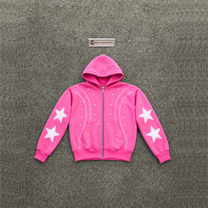 Sweat à capuche rose oversize zippé de qualité supérieure, style streetwear, avec motif graphique tendance étoile, de luxe, pour le quotidien, en coton premium - Product Image 5