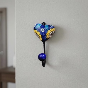 Handmade Blue Ceramic Heart Shape Coat Hooks & Keychain Unique <b>Rail</b> Design - Product Image 2