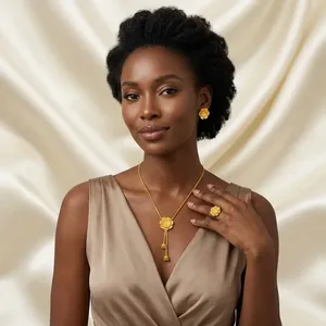 Flower Charm Pendant Necklace Set 18 Inches Brass Gold Plated Women's Jewelry Wedding Party Fashion Style Rope <b>Chain</b> Earrings - Product Image 3