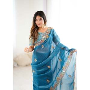 Hermoso Sari de Chifón para Fiestas con Bordado y Silueta Recta - Product Image 6