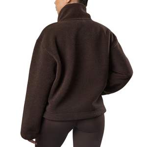 Veste en sherpa pour femmes, col montant, marron foncé, hiver, coupe ample, demi-zip, col montant, vestes en polaire pour femmes - Product Image 2