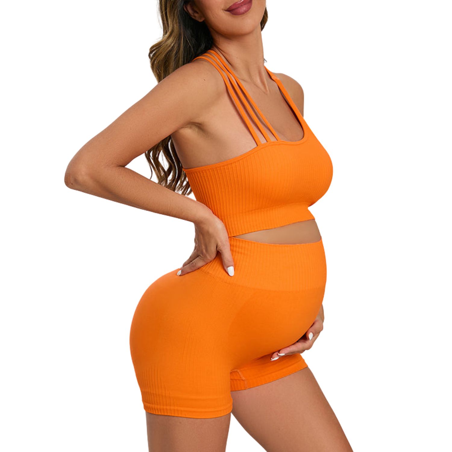 Custom Wholesale Seamless Washed Plaid Solid Plus Size Maternity 2 Piece Knitted Sport Bra Mid Waist Shorts Workout Front Quick