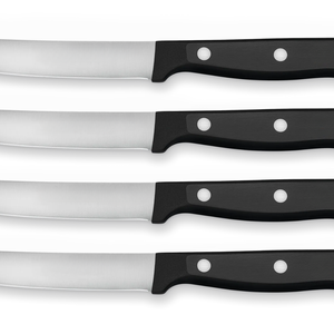 Ensemble de 4 couteaux à steak en acier inoxydable avec lames courbées à bord plat et tranchant, manches noirs à triple rivet pour la cuisine, la salle à manger et la viande - Product Image 4