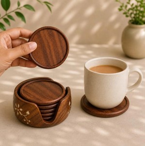 Handcrafted Floral Inlay Wood <b>Coaster</b> <b>Set</b> of 6 with Holder Round Wooden Drink <b>Coasters</b> for Coffee Table Luxury Home Decor Gift - Product Image 6