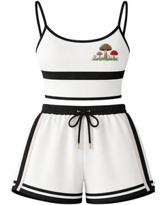 Conjunto de camisola y pantalones cortos para mujer, conjunto de dos piezas de verano, Top corto de mezcla de algodón, pantalones cortos con cordón y estampado de setas, informal, en blanco y negro - Product Image 1