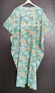 Exquisito Vestido Kaftán de Algodón 100% con Estampado Floral para Mujer, Estilo Bohemio, Mangas Tipo Kimono, Elegante Escote en V, Cintura Alta - Product Image 4