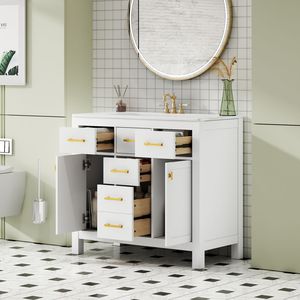 Mobile Bagno Moderno da 36 Pollici Autoportante con 4 Cassetti, 2 Armadietti e Lavabo in Ceramica - Set Completo per Stoccaggio e Organizzazione - Product Image 3