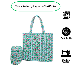 Bolso Tote con Estampado Floral de Jaipur + Set de Neceser a Juego, de Algodón Acolchado con Cierre de Cremallera, Ecológico, Duradero, Hecho a Mano, Lavable - Product Image 2