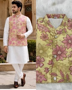 Veste Nehru en soie brodée de fleurs pour homme avec Kurta blanche pour mariage, tenue traditionnelle indienne/pakistanaise, coupe classique, en stock - Product Image 2