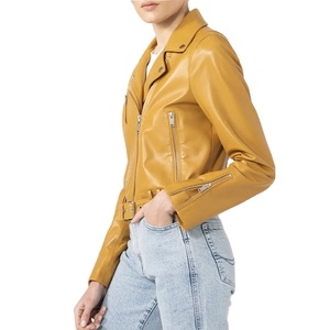 Chaqueta de Motociclista de Cuero Genuino para Mujer, Color Mostaza, Manga Larga, Cierre de Cremallera, Cuello Camisero, Estilo Otoñal, Corte Corto - Product Image 2