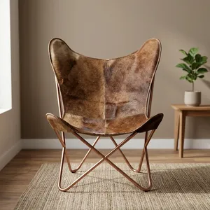 Genuine Leather Butterfly <b>Chair</b> Metal Legs Midcentury Modern Leisure <b>Chair</b> Living Room Furniture - Product Image 1