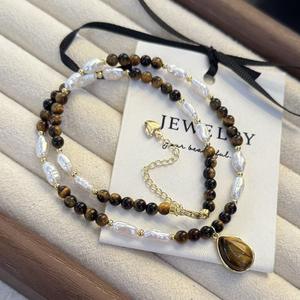 Collar de Perlas de Agua Dulce Barrocas para Mujer con Piedra de Ojo de Tigre, Joyería de Plata Pequeña con Efecto Desgastado, Accesorio al por Mayor y al Detal - Product Image 5