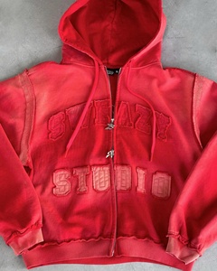 Sudadera con capucha con cremallera, estilo streetwear, de forro polar, corta y de corte holgado, con efecto lavado, bordes y costuras sin rematar, aplique de letras desgastado, más vendida - Product Image 4