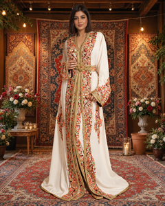 Caftan marocain blanc en velours prune, élégant, brodé à la main, col en V, longueur maxi, manches longues, ourlet évasé, coupe ample, robes pour femmes musulmanes - Product Image 4