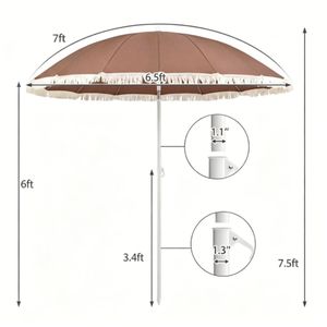 Parasol de patio bohème à franges de 7 pieds, inclinaison réglable à 30 degrés, auvent solaire extérieur portable, en métal, 2 sections, pour plage et hôtel - Product Image 2