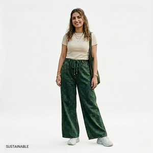 Pantalon évasé ample en molleton épais vert délavé à l'acide, coupe vintage, avec cordon de serrage, polyester/coton, personnalisable - Product Image 2