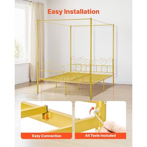 Queen Size <b>Metal</b> Canopy Bed <b>Frame</b> with Minimalist Four Posters Headboard Heavy Duty Steel Slats Support Minimalist Design - Product Image 5