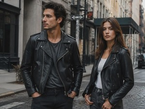 Blouson de motard unisexe en cuir noir avec fermeture éclair asymétrique, ceinture à la taille et épaulettes cloutées - Product Image 4
