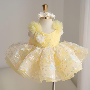 Robe de princesse florale pour filles 147, avec volants aux épaules, en tulle superposé, robe d'anniversaire rose et jaune, vente en gros, fabricant Nhung Nguyen - Product Image 1