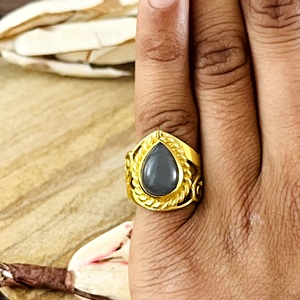 Unique Design Boho <b>Crown</b> Grey Moonstone <b>Rings</b> Tribal Brass <b>Rings</b> for Women 18k Gold Plated Filigree Swirl for Wholesale/OEM/ODM - Product Image 4