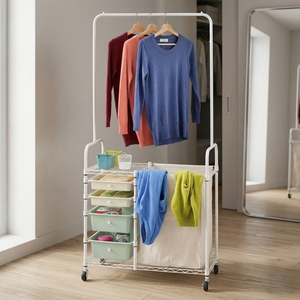 SALE SALE Wholesale MIT Taiwan Household Storage Manufacturer <b>Laundry</b> Products Metal <b>Laundry</b> Basket Cart with Hangers - Product Image 2