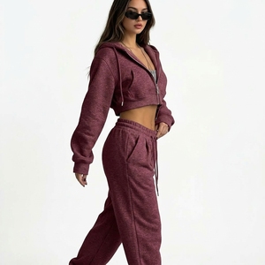 Wholesale Women's Custom Heavyweight Quick Dry Tracksuit Cropped Zip Hoodie Sweatshirt Elastic Waist Pants Side Pockets Casual - Product Image 3